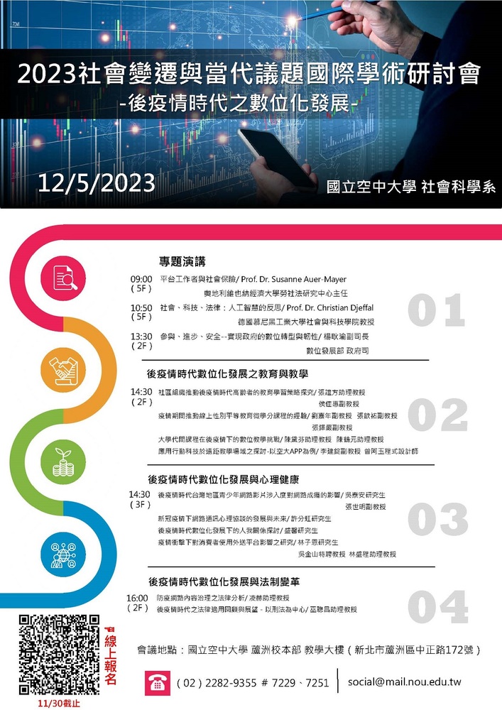 國立空中大學社會科學系訂於112年12月5日(星期二)舉辦「2023社會變遷與當代議題--後疫情時代之數位化發展」國際學術研討會圖片